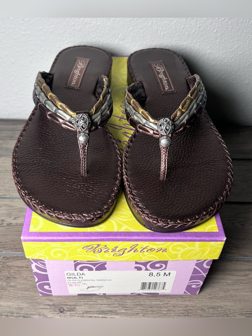 Brighton NIB Gilda Women's Leather Thong Sandals Sz 8.5 Multi Mixed Bronze/Brown